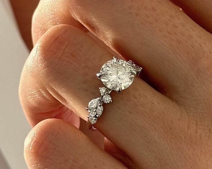 2 Carat Round Lab Grown Diamond Twig Engagement Ring / Nature Inspired Diamond Ring in White Gold / Cluster Proposal Ring / Platinum Ring
