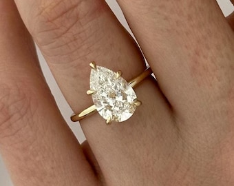 3 Carat Pear Shape E VS1 Lab Grown Diamond Engagement Ring / 14K Gold Minimalist Pear Solitaire Ring / 5 Prong Minimalist Proposal Thin Ring