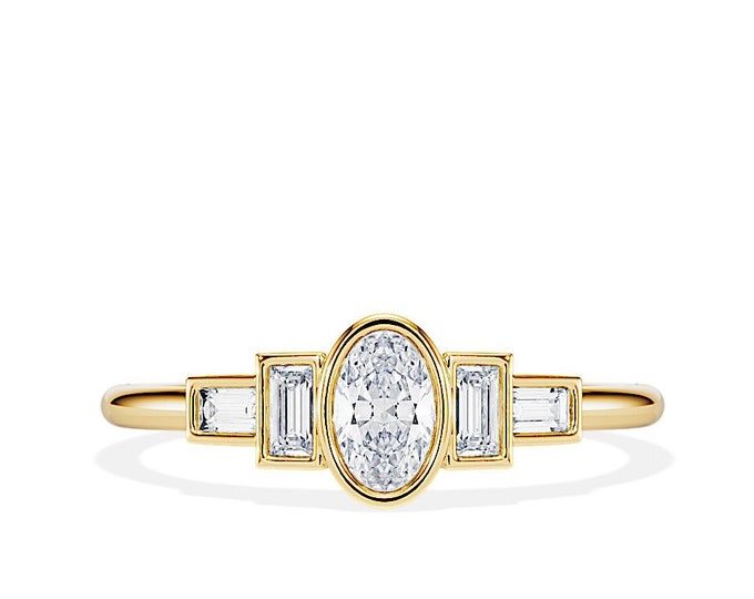 Art Deco Diamond Ring / Baguette & Oval Diamond Engagement Ring / Bezel Set Diamond Ring / ArtDeco Ring / Dainty Engagement Ring / 14K Gold