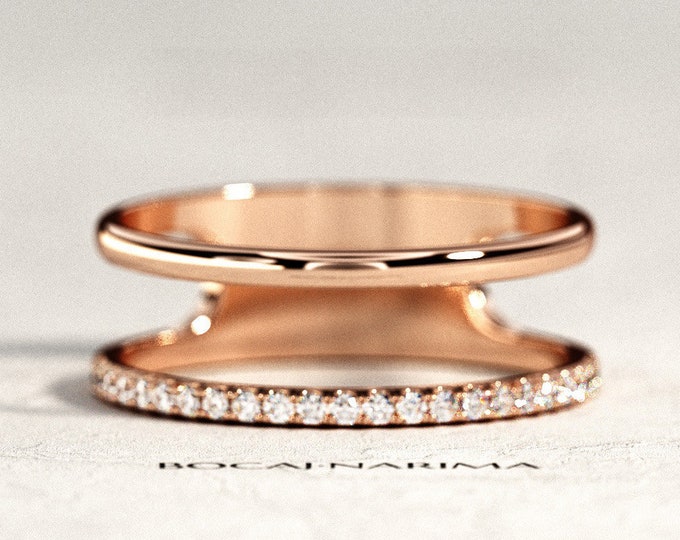 Double Band Ring / Double Wedding Band / Diamond Ring / Rose Gold Wedding Band / Pave Wedding Ring / Womens Diamond Double Row Ring