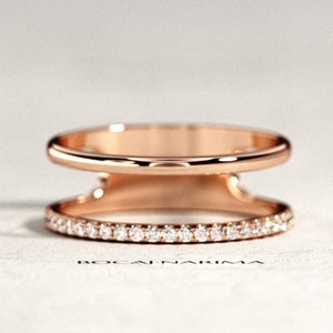 Double Band Ring / Double Wedding Band / Diamond Ring / Rose Gold Wedding Band / Pave Wedding Ring / Womens Diamond Double Row Ring