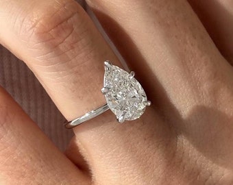 3 Carat Pear Cut Lab Grown Diamond Engagement Ring / 5 Prong Tear Shape Diamond Solitaire Ring in White Gold / Minimalist Engagement Ring