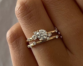 Nature Inspired Bridal Set / 0.5 Carat Lab Grown Diamond Organic Bridal Set / Boho Engagement Ring Set / Nature Diamond Ring / 14k 18k Gold