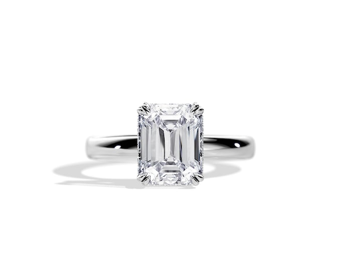 2.5 Carat Emerald Cut Lab Grown Diamond Engagement Ring / Hidden Halo / VVS Emerald Diamond / White Gold / Classic Ring / CVD DIamond