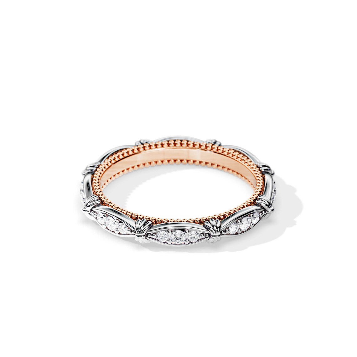 Rose and white gold braided diamond wedding band image 1