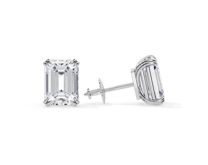 3 Carat Emerald Cut Lab Grown Diamond Stud Basket Earrings / VVS2-F Emerald Lab Diamonds IGI Certified / White Gold Screw Back Earrings Pair