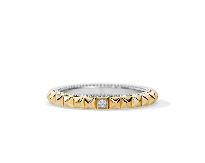 Pyramid Diamond Wedding Band / Petite Diamond Wedding Ring / Princess Cut Bezel Set / Two Tone Wedding Band / Two Toned Ring / Yellow Gold