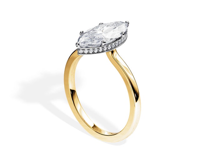 1.5 CT Marquise Lab Grown Diamond Ring / Marquise Diamond Engagement Ring / Hidden Halo / Yellow Gold / High Set / Marquise Cut CVD Diamond