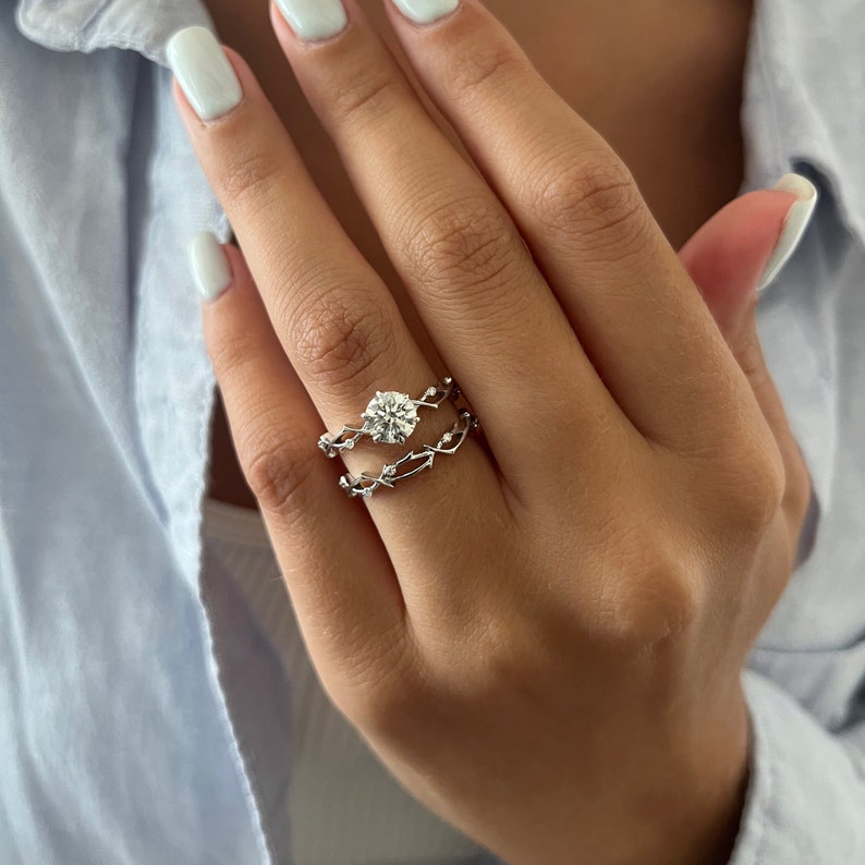 1 Carat Round Lab Grown Diamond Twig Bridal Set / Nature Inspired Engagement Ring Set of Rings / White Gold 1.00 CT CVD Diamond Ring / IGI image 2