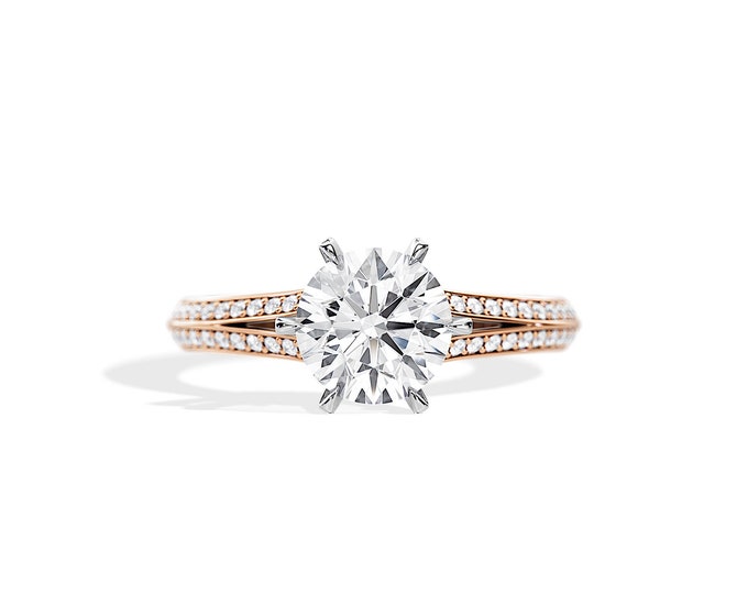 Split Shank Moissanite Ring / Rose Gold Unique Engagement Ring / 2 Carat Moissanite Ring / Round Moissanite / Hidden Halo / Unique Ring