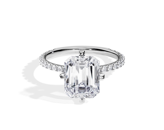 3 Carat Emerald Lab Grown Diamond Ring / Art Deco Engagement Ring / 14K White Gold / Lab Created Diamond / Hidden Gallery Pave / 3.5 TCW