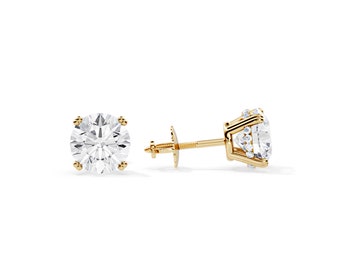 2 CT Moissanite Stud Earrings / Yellow Gold Hidden Halo Earrings / Basket Stud Earrings / Double Prong / Round Cut Moissanite Earrings