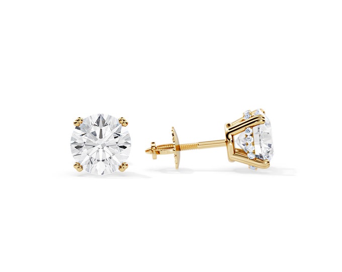 2 CT Natural GIA Diamond Stud Earrings / Yellow Gold Screw Back Earring/ Hidden Halo Earrings / Round Cut Diamonds / Basket Stud Earrings /