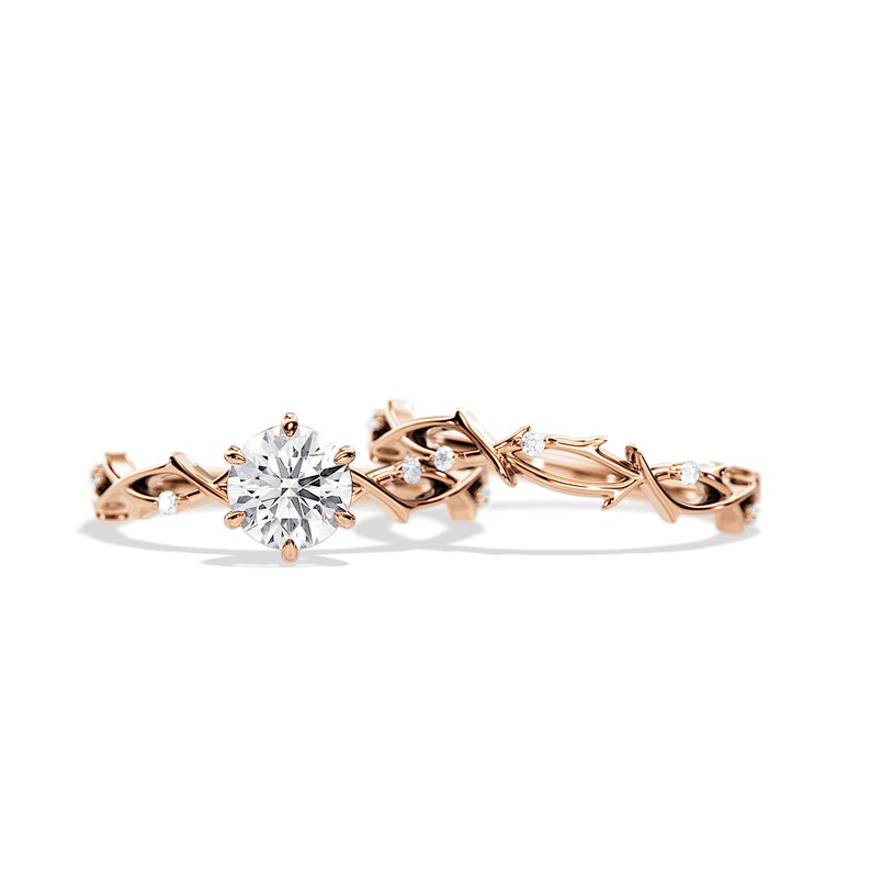 1 Carat Round Lab Grown Diamond Twig Bridal Set / Nature Inspired Engagement Ring Set of Rings / White Gold 1.00 CT CVD Diamond Ring / IGI image 9