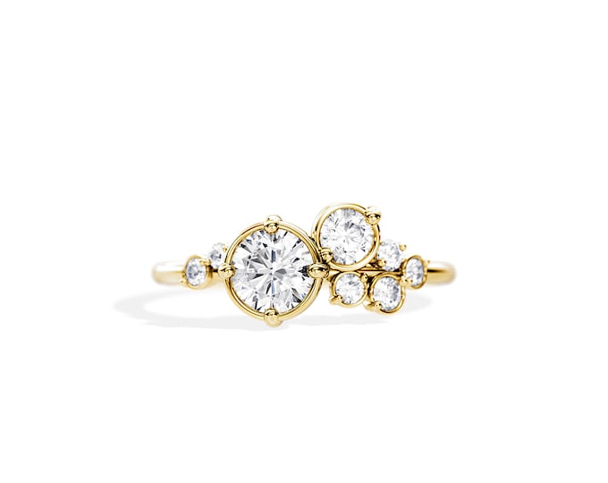 Unique Engagement Ring / 1.2 TCW Moissanite Ring / Cluster Engagement Ring / Bezel Set / Yellow Gold / Telescope Ring / Unusual Ring