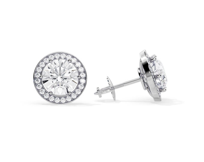 2 Carat Total Moissanite Stud Earrings / 2 Carat Halo Earrings / Screw Back White Gold Earrings / Round Moissanite / Dainty Pair of Earring