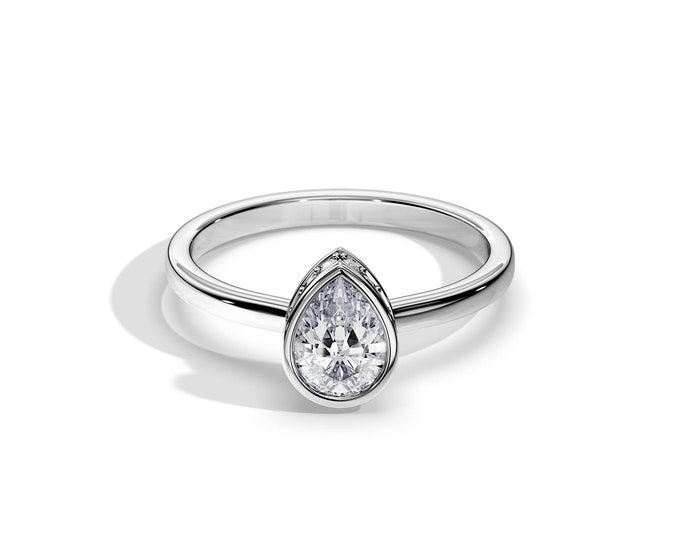 1 Carat Pear Cut Bezel Engagement Ring / White Gold Art Deco Ring / 1 CT Natural Diamond GIA Citified / Unique Engagement Ring