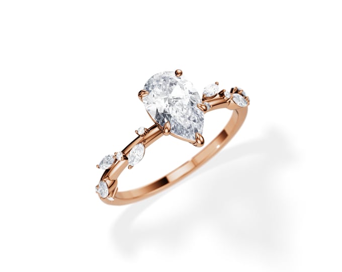 Moissanite Twig Engagement Ring / 1.5 CT Pear Moissanite Ring / Rose Gold Twig Ring / Nature Ring / 0.2ct Diamonds / Branch Ring / Leaf Ring