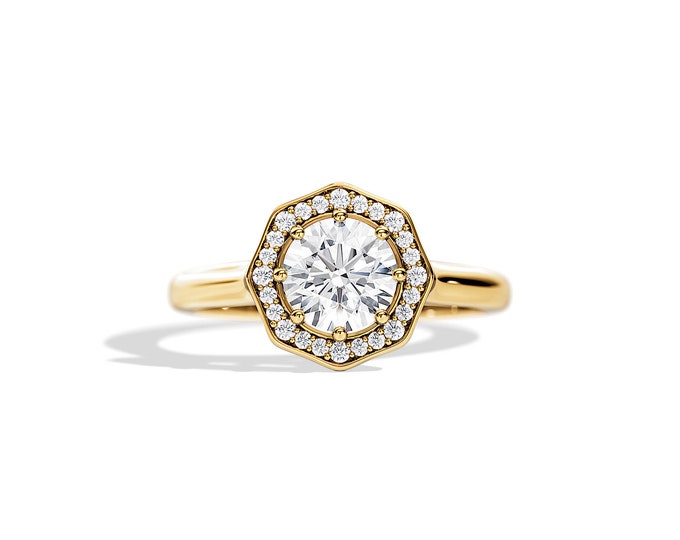 1 Carat Moissanite Halo Ring / Hexagonal Engagement Ring / Art Deco Moissanite Ring / 14k Gold / Halo Engagement Ring / Cathedral Ring