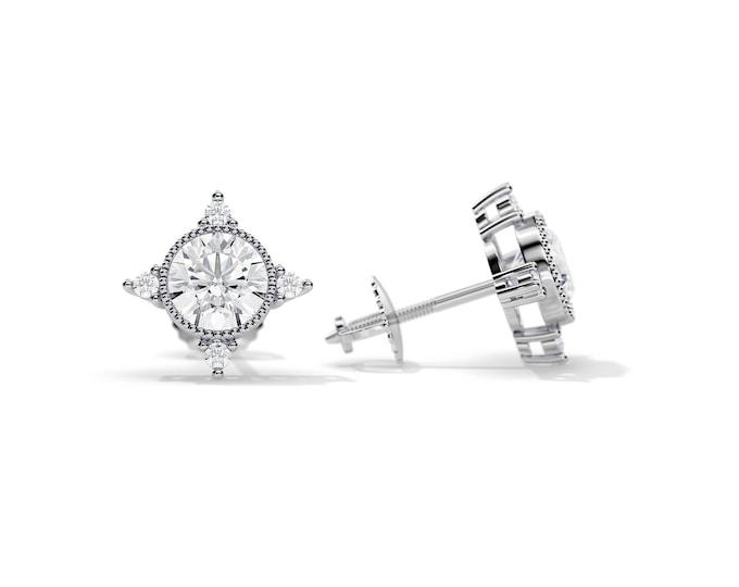 1 CT Natural Diamond Screw Back Earrings / Unique Stud Earrings / GIA Certified Diamonds / 5MM Round Diamond / Art Deco Snowflake Earrings