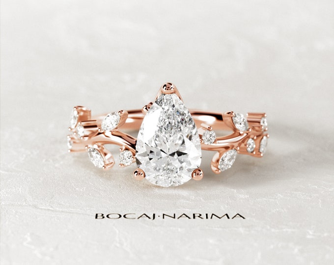 2 Carat Pear Shape Colorless Moissanite Twig Engagement Ring / Branch Proposal Ring / Rose Gold Nature Inspired Ring / Anniversary ring