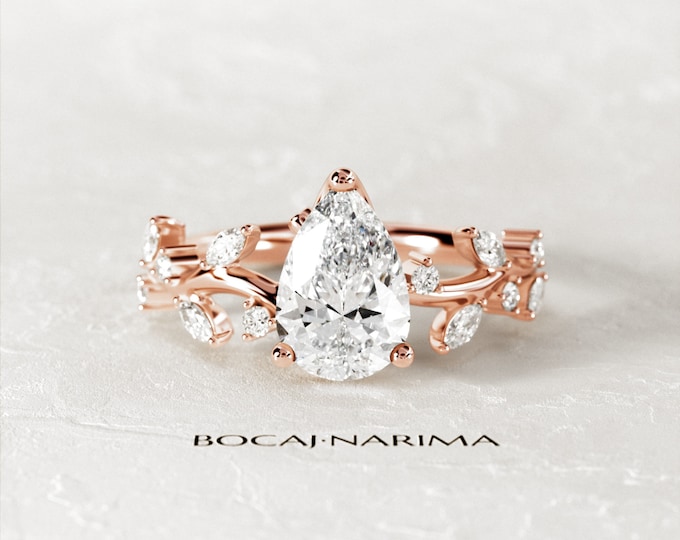 2 Carat Pear Shape Colorless Moissanite Twig Engagement Ring / Branch Proposal Ring / Rose Gold Nature Inspired Ring / Anniversary ring