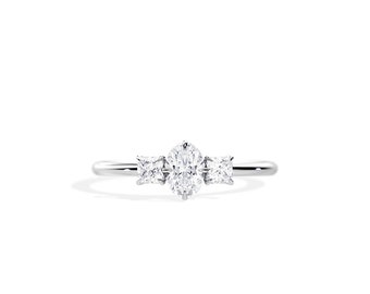 0.75 TCW Oval Natural Diamond Ring / Oval and Princess Diamonds / 14K White Gold Oval Diamond Engagement Ring / Thin Diamond Engagement Ring