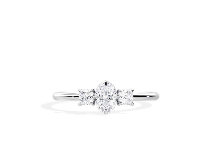 0.75 TCW Oval Natural Diamond Ring / Oval and Princess Diamonds / 14K White Gold Oval Diamond Engagement Ring / Thin Diamond Engagement Ring