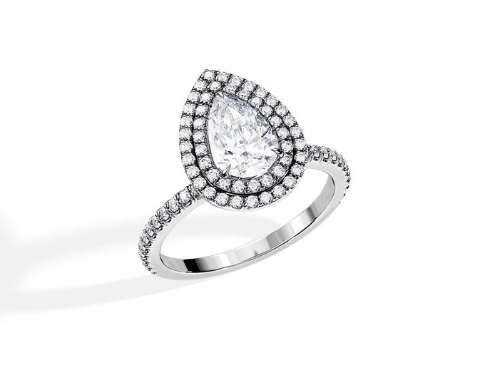 1.65 TCW Pear Shape Diamond Ring / Natural Diamond H/VS2 GIA Certified / 1 Carat Pear Diamond Ring / Double Halo Ring / Tear Shape Ring