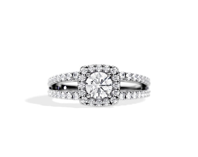 1.1 TCW Lab Grown Diamond Ring / Split Shank Engagement Ring / White Gold Halo Diamond Ring / Unique Engagement Ring / 0.5 Carat Round Shape