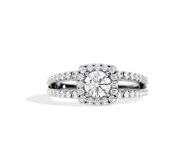 1.1 TCW Lab Grown Diamond Ring / Split Shank Engagement Ring / White Gold Halo Diamond Ring / Unique Engagement Ring / 0.5 Carat Round Shape