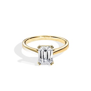 2 Carat Emerald Cut Moissanite Engagement Ring / Double Claw Setting Engagement Ring / 14K Yellow Gold Cathedral Ring / Tapered Ring