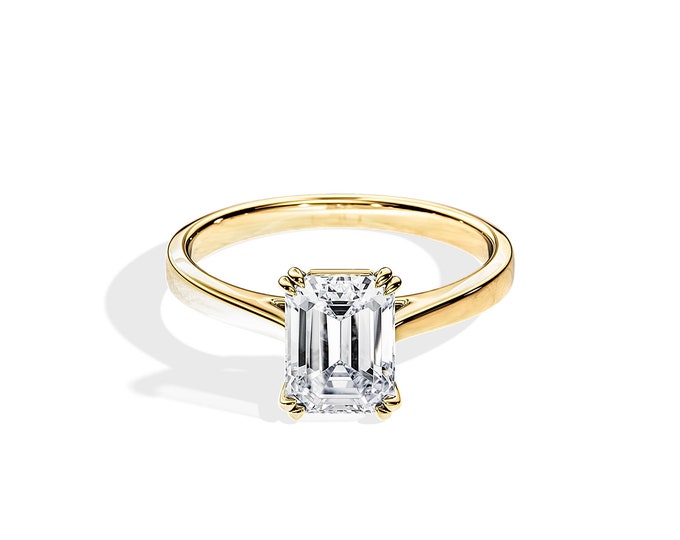 2 Carat Emerald Cut Moissanite Engagement Ring / Double Claw Setting Engagement Ring / 14K Yellow Gold Cathedral Ring / Tapered Ring