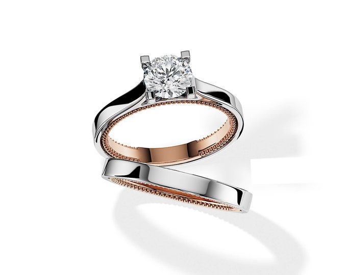 Bridal Set Unique Engagement Ring / Two Tone Engagement Ring Set / Milgrains Vintage Ring / Rose and White Gold RIng / 1 Carat Moissanite