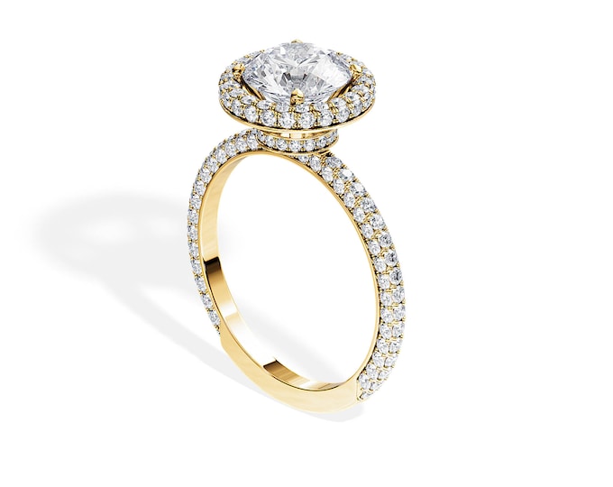 1.5 CT Round Moissanite Ring / Hidden Halo Ring / Double Edge Halo / 3D Pave / Micro Pave / Yellow Gold / 1.2CT Lab Diamonds / Unique Ring