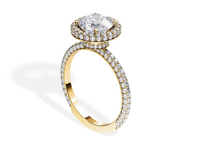 1.5 CT Round Moissanite Ring / Hidden Halo Ring / Double Edge Halo / 3D Pave / Micro Pave / Yellow Gold / 1.2CT Lab Diamonds / Unique Ring