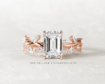 2 CT Emerald Cut Moissanite Twig Engagement Ring / 14K Rose Gold Nature Inspired Moissanite Ring / Branch Ring / Boho Dainty Proposal Ring