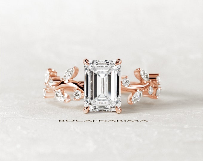 2 CT Emerald Cut Moissanite Twig Engagement Ring / 14K Rose Gold Nature Inspired Moissanite Ring / Branch Ring / Boho Dainty Proposal Ring