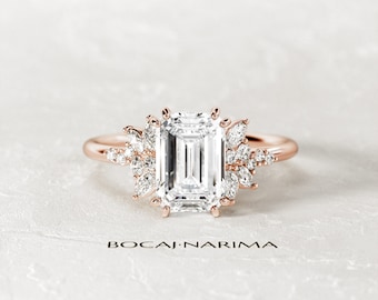 2 CT Emerald Cut Moissanite Nature Inspired Diamond Ring / DEF VVS Colorless Moissanite Ring / Cluster Engagement Ring / Floral Nature Ring