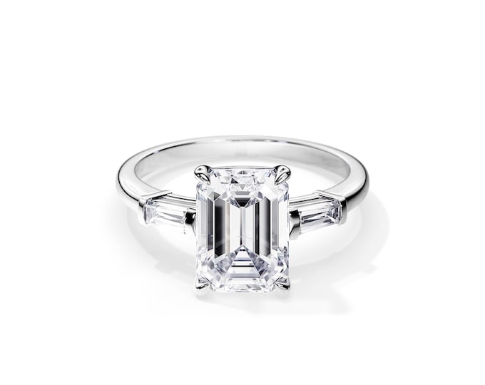 4 Carat Emerald Cut Lab Grown Diamond Ring / 4 Carat Emerald Lab Grown Diamond / Three Stone Ring / 3 Stone Diamond Ring / Lab Diamond Ring