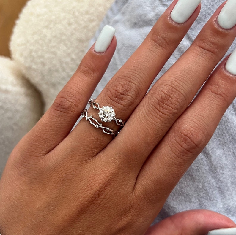 1 Carat Round Lab Grown Diamond Twig Bridal Set / Nature Inspired Engagement Ring Set of Rings / White Gold 1.00 CT CVD Diamond Ring / IGI image 4