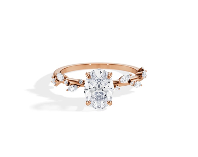 Oval Twig Engagement Ring / 1.5 CT Oval Moissanite / Twig and Leaf Ring / Nature Engagement Ring / Branch Ring / Rose Gold / 0.2ct diamonds