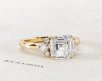 2 CT Asscher Cut Lab Grown Diamond Engagement Ring / Cluster CVD Diamond F VS1 IGI Certified Unique Proposal Ring / Yellow Gold Nature Ring