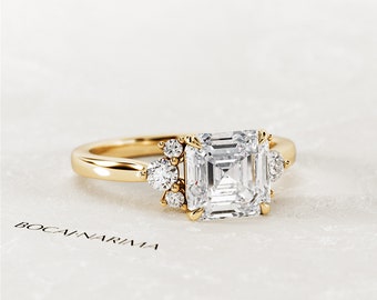 2 CT Asscher Cut Lab Grown Diamond Engagement Ring / Cluster CVD Diamond F VS1 IGI Certified Unique Proposal Ring / Yellow Gold Nature Ring