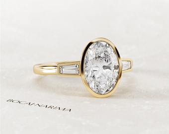 2 Carat Oval Lab Grown Diamond Art Deco Engagement Ring / Unique Oval Diamond Proposal Ring in Yellow Gold / Bezel Set Three Stone Ring