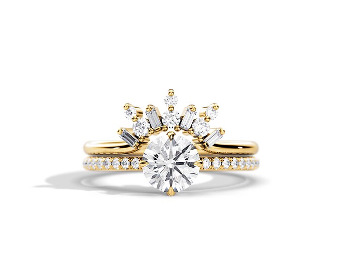 Art Deco Bridal Set / Dainty 1 CT Moissanite Engagement Ring / Minimal Bridal Rings Set / Crown Wedding Band / Baguette Diamond Curved Ring