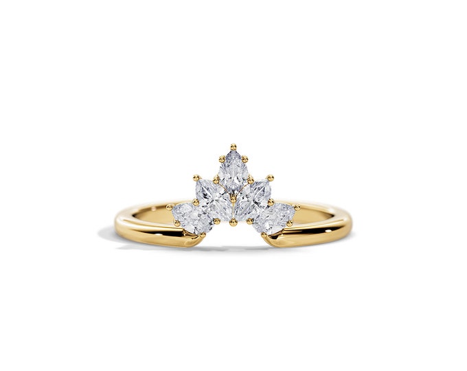 Diamond Curved Wedding Band / Marquise and Pear Cut Diamonds / Crown Curve Wedding Ring / Yellow Gold Stackable Ring / 0.55 Carat Diamonds