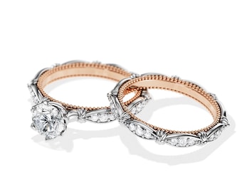 Vintage Two Tone Moissanite Engagement Ring / 1 Carat Round Moissanite / 0.5ct Lab Diamonds / Knot Engagement Ring Set / Vintage Rings Set