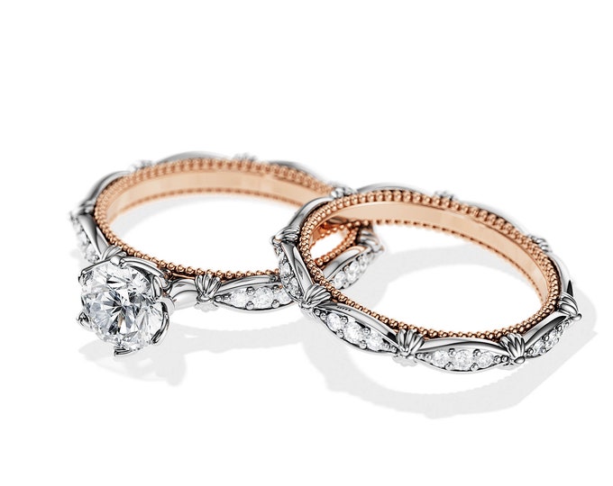Vintage Two Tone Moissanite Engagement Ring / 1 Carat Round Moissanite / 0.5ct Lab Diamonds / Knot Engagement Ring Set / Vintage Rings Set