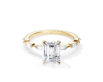3 Carat Emerald Moissanite Ring / Emerald and Baguette / Unique Engagement Ring / Art Deco Ring / 14K Yellow Gold / 3 CT Moissanite Ring